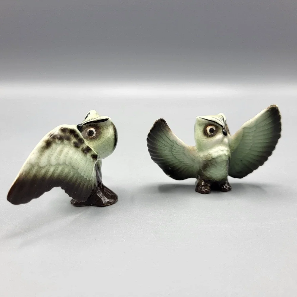 Vintage Ceramic Owl Figurines Pair With Open Wings Home Shelf Decor
